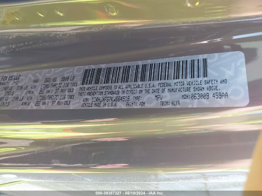 2019 Jeep Wrangler Unlimited Rubicon 4X4 VIN: 1C4HJXFG7KW664518 Lot: 39387327