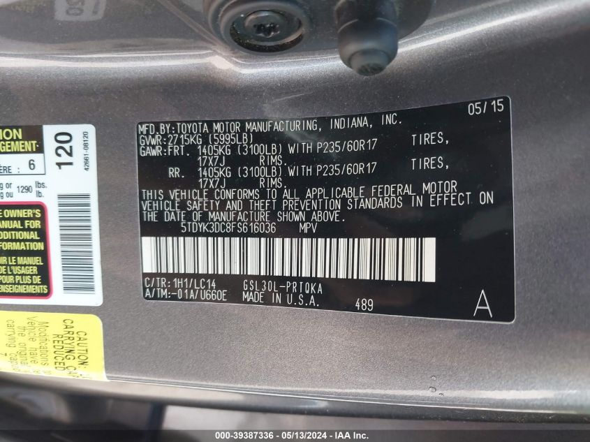 2015 Toyota Sienna Xle Premium 8 Passenger VIN: 5TDYK3DC8FS616036 Lot: 39387336