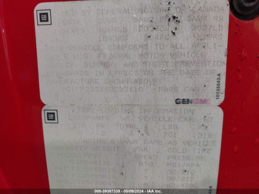 1995 Chevrolet Camaro VIN: 2G1FP22SXS2223110 Lot: 39387339