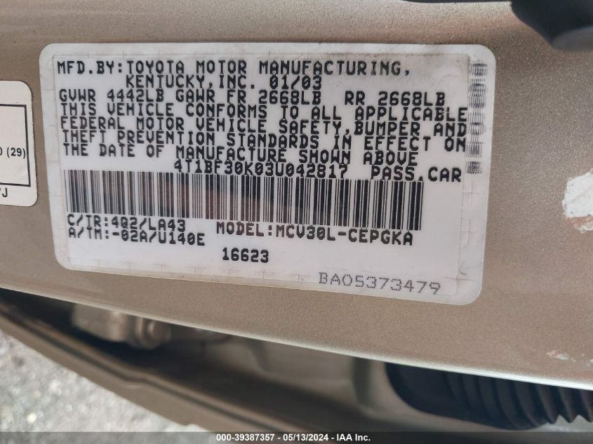 2003 Toyota Camry Le V6/Se V6/Xle V6 VIN: 4T1BF30K03U042817 Lot: 39387357