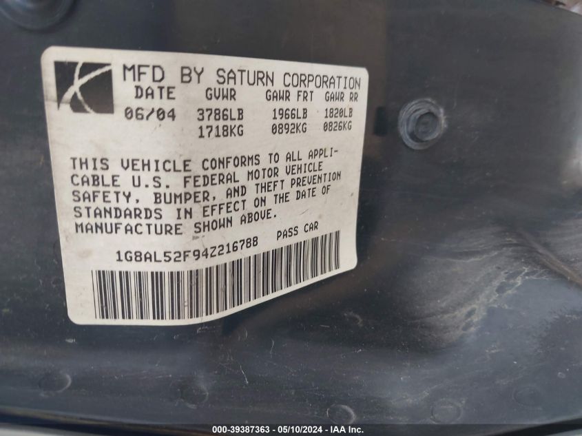 2004 Saturn Ion 3 VIN: 1G8AL52F94Z216788 Lot: 39387363