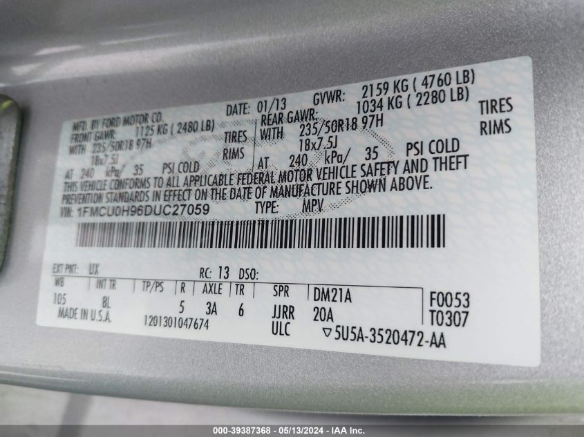 2013 Ford Escape Sel VIN: 1FMCU0H96DUC27059 Lot: 39387368