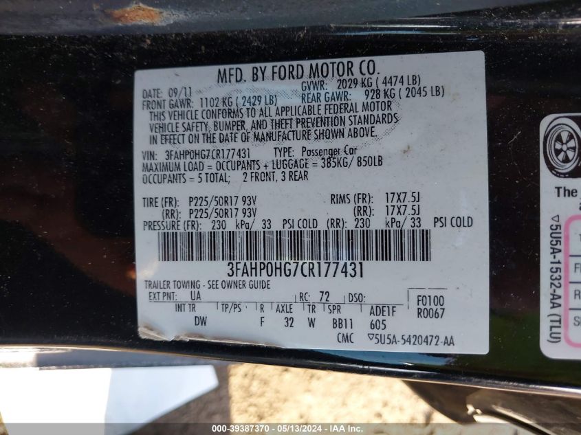 2012 Ford Fusion Se VIN: 3FAHP0HG7CR177431 Lot: 39387370