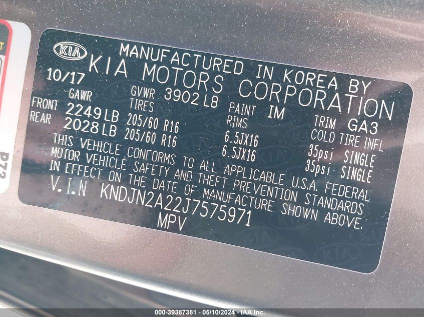 2018 Kia Soul VIN: KNDJN2A22J7575971 Lot: 39387381