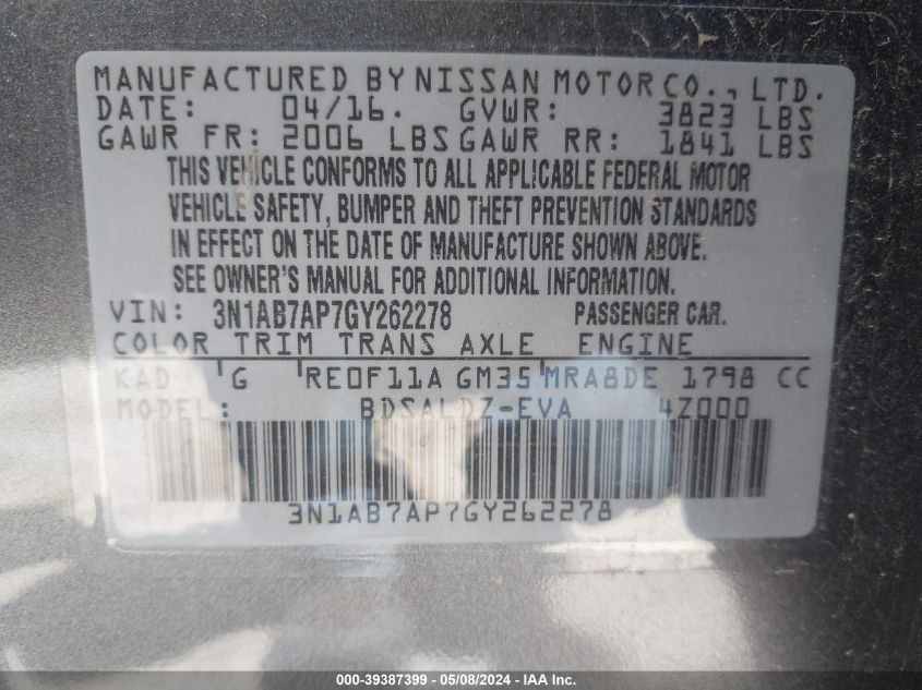 2016 Nissan Sentra Sv VIN: 3N1AB7AP7GY262278 Lot: 39387399