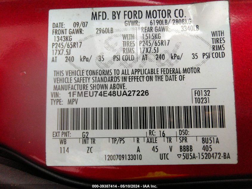 2008 Ford Explorer Eddie Bauer VIN: 1FMEU74E48UA27226 Lot: 39387414