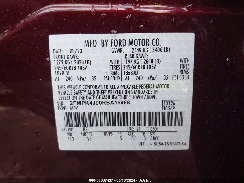2024 Ford Edge Sel VIN: 2FMPK4J90RBA15988 Lot: 39387437