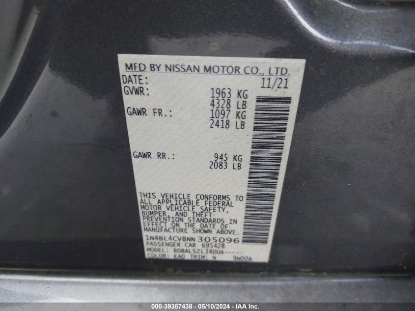 2022 Nissan Altima Sr Fwd VIN: 1N4BL4CV8NN305096 Lot: 39387438