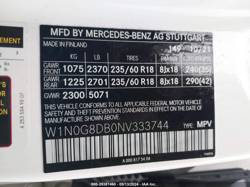 2022 Mercedes-Benz Glc 300 Suv VIN: W1N0G8DB0NV333744 Lot: 39387460