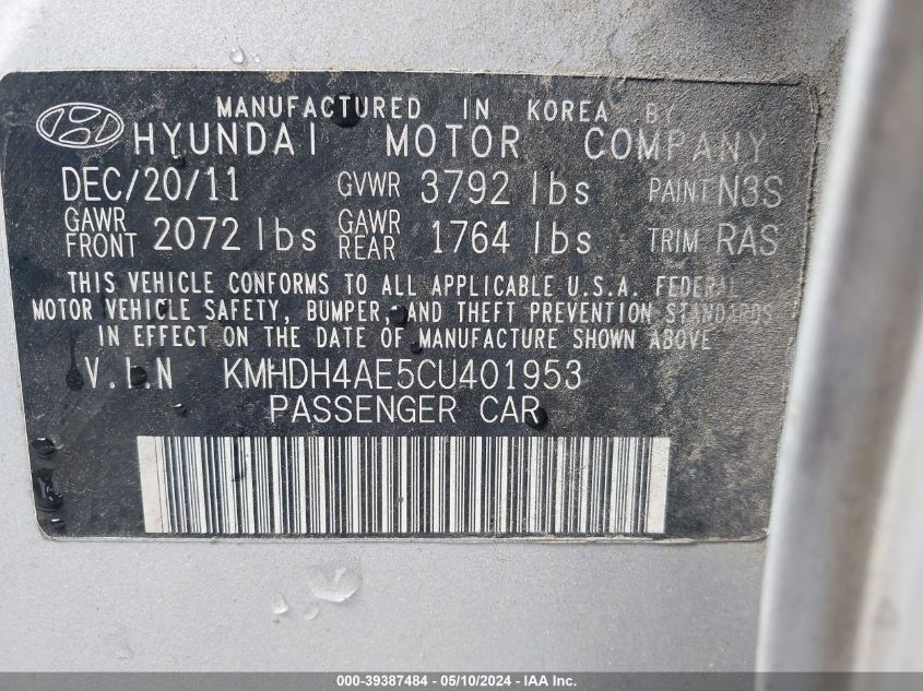 2012 Hyundai Elantra Gls (Ulsan Plant) VIN: KMHDH4AE5CU401953 Lot: 39387484