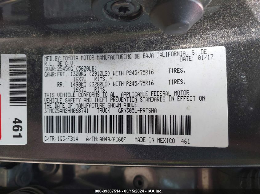 2017 Toyota Tacoma Sr V6 VIN: 3TMCZ5AN2HM068741 Lot: 39387514