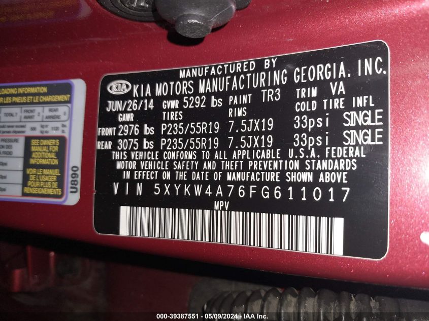 5XYKW4A76FG611017 2015 Kia Sorento Sx V6