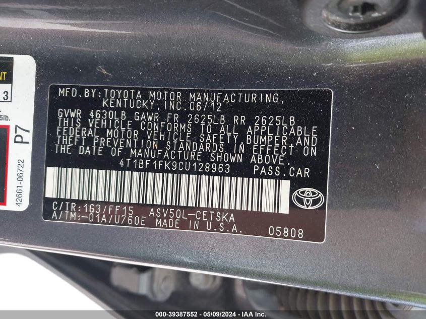 2012 Toyota Camry Se VIN: 4T1BF1FK9CU128963 Lot: 39387552