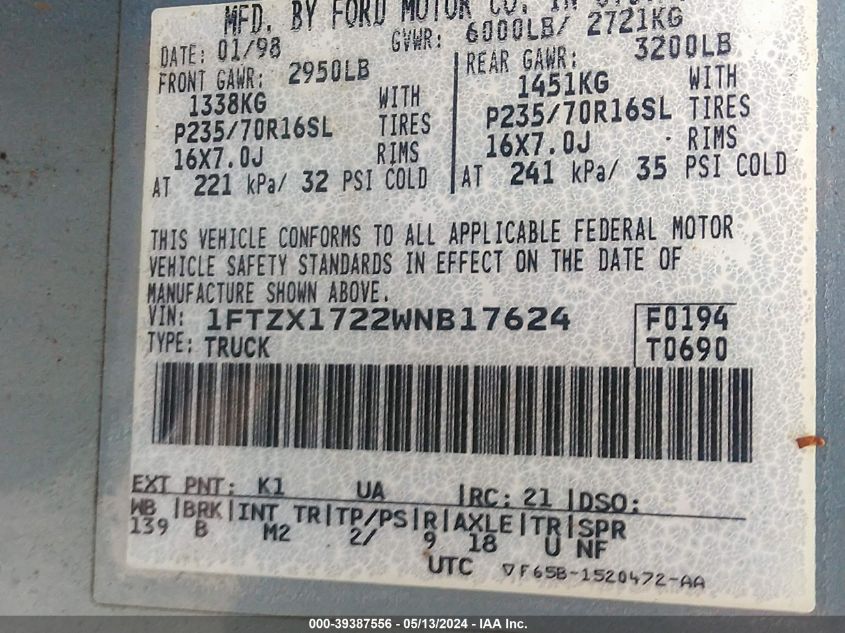 1998 Ford F-150 Standard/Xl/Xlt VIN: 1FTZX1722WNB17624 Lot: 39387556