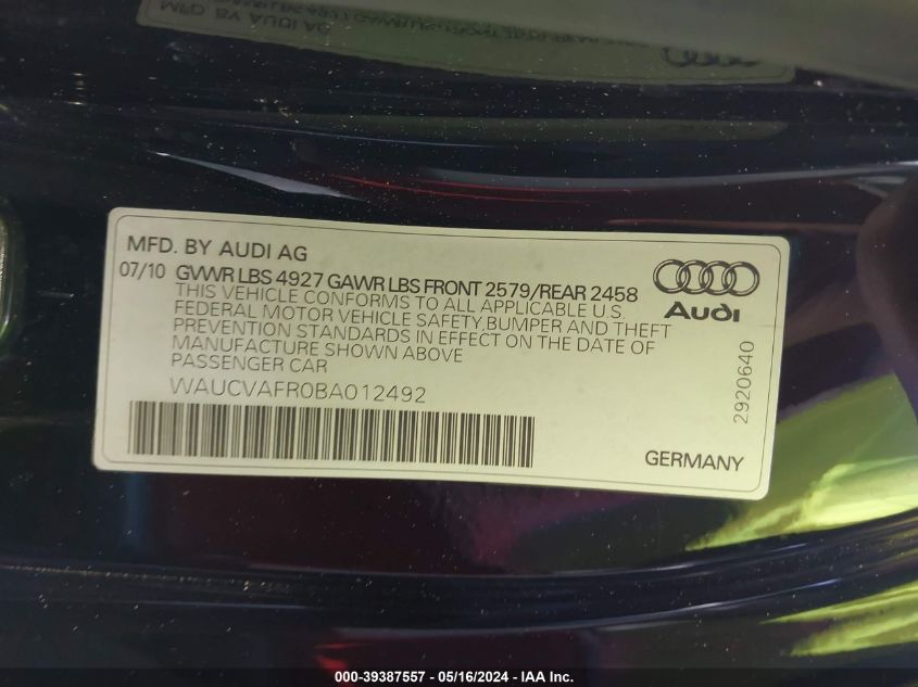 2011 Audi S5 4.2 Premium Plus VIN: WAUCVAFR0BA012492 Lot: 39387557