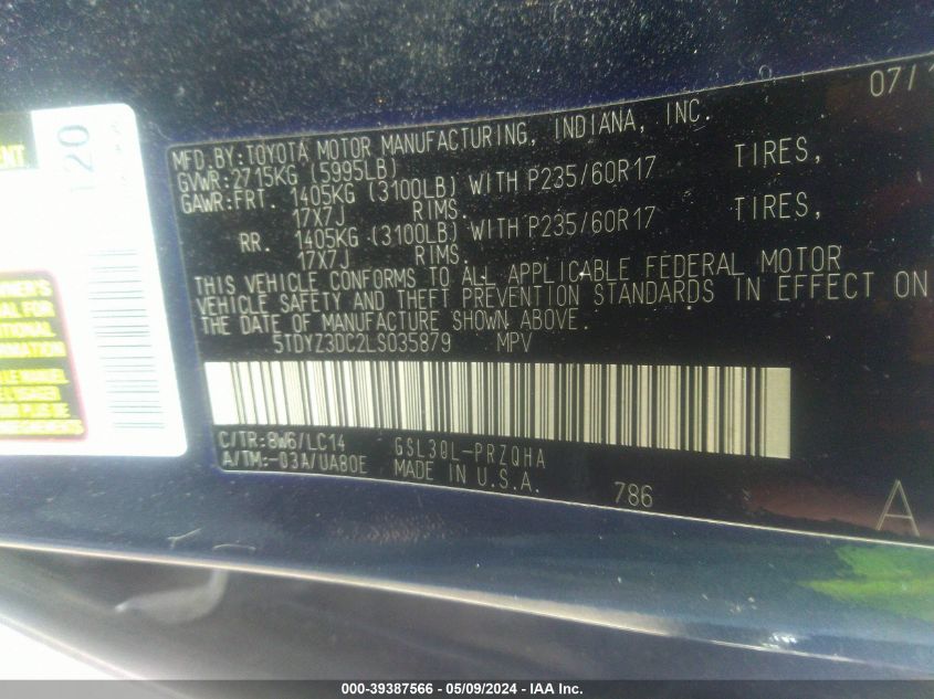 2020 TOYOTA SIENNA XLE - 5TDYZ3DC2LS035879