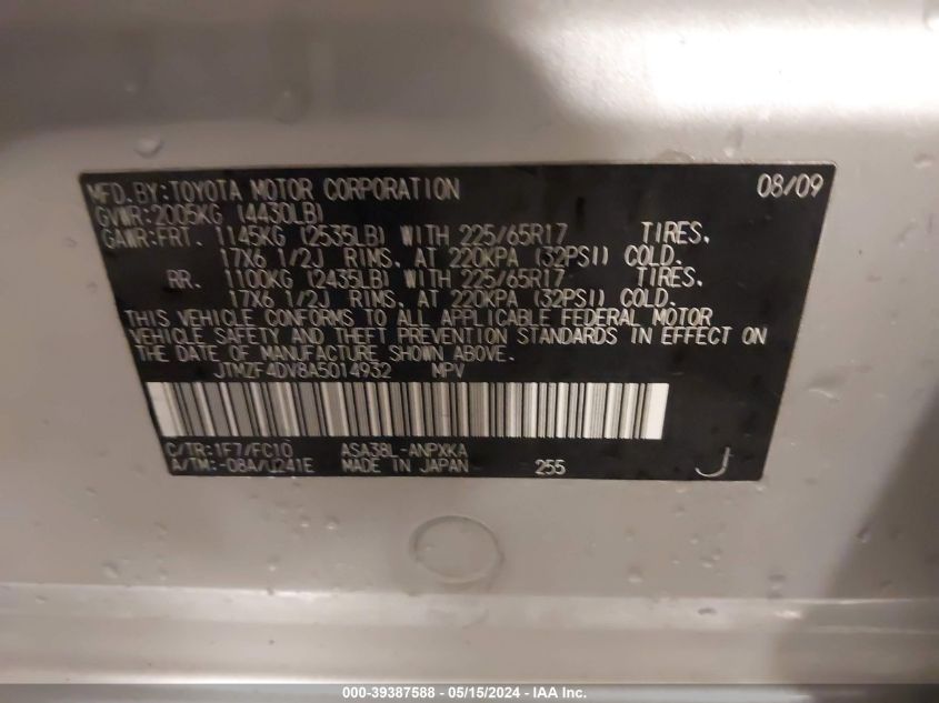 2010 Toyota Rav4 VIN: JTMZF4DV8A5014932 Lot: 39387588