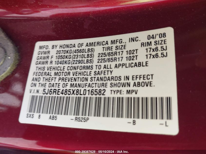 2008 Honda Cr-V Ex VIN: 5J6RE485X8L016582 Lot: 39387628