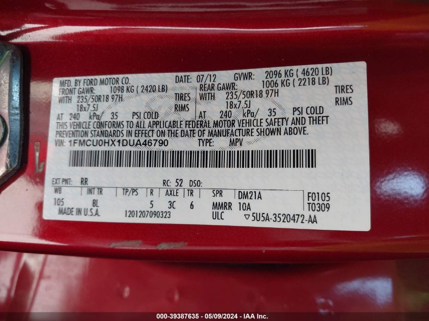 2013 Ford Escape Sel VIN: 1FMCU0HX1DUA46790 Lot: 39387635