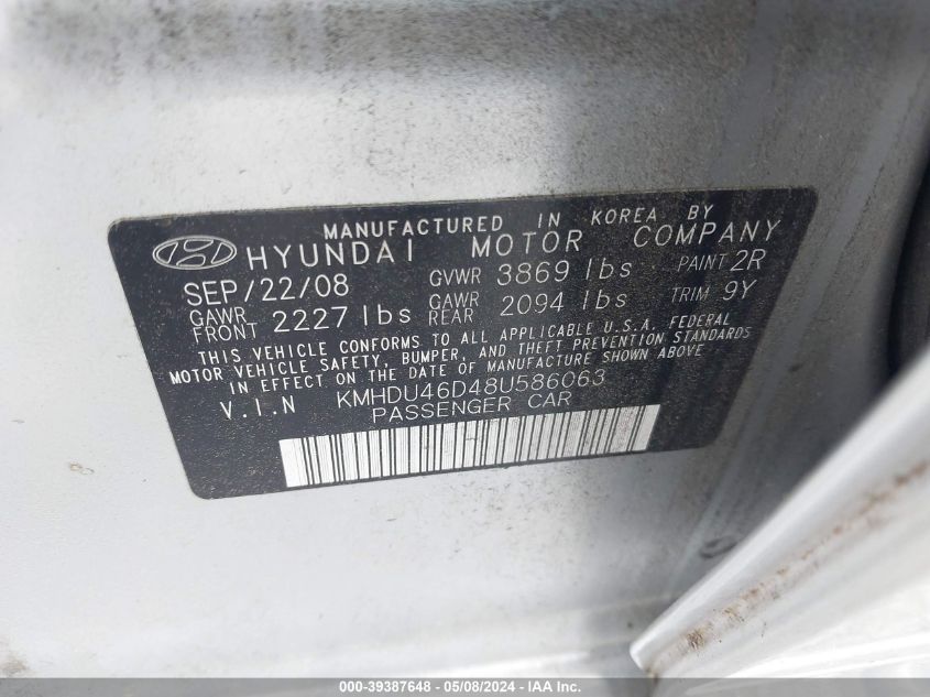 2008 Hyundai Elantra Gls/Se VIN: KMHDU46D48U586063 Lot: 39387648