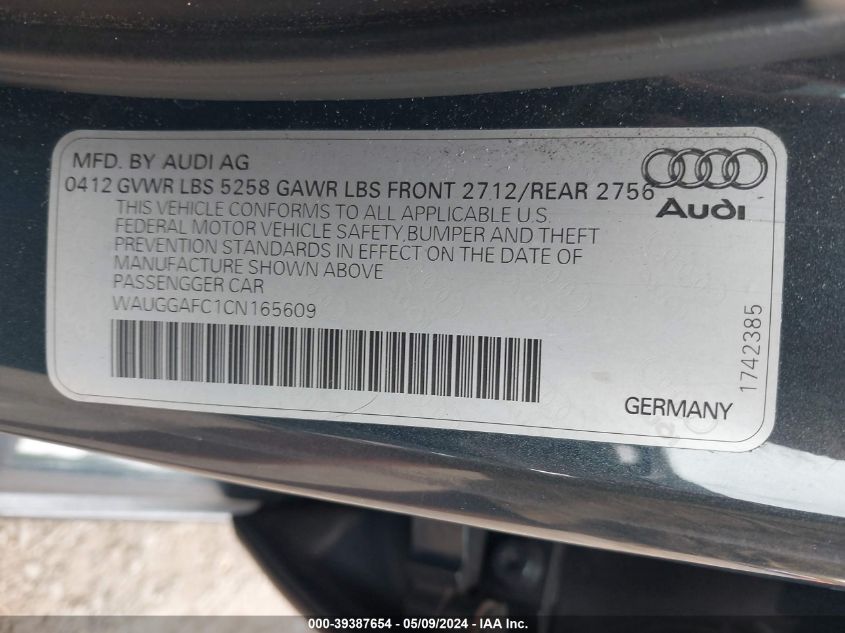 2012 Audi A6 3.0 Premium VIN: WAUGGAFC1CN165609 Lot: 39387654