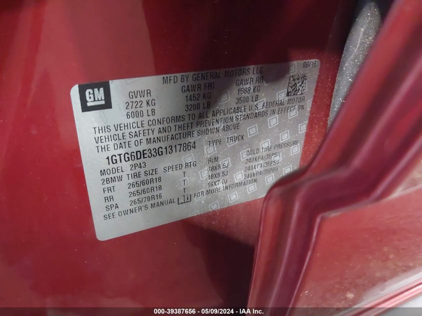 2016 GMC Canyon Slt VIN: 1GTG6DE33G1317864 Lot: 39387656