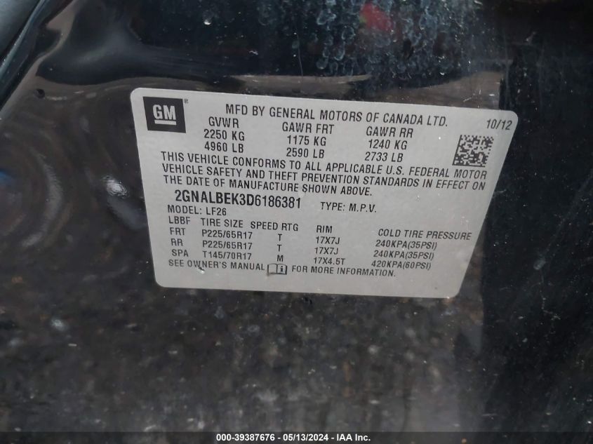 2013 Chevrolet Equinox Ls VIN: 2GNALBEK3D6186381 Lot: 39387676