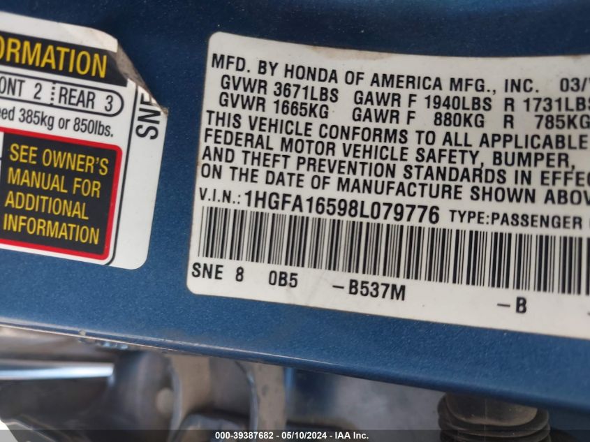 2008 Honda Civic Lx VIN: 1HGFA16598L079776 Lot: 39387682