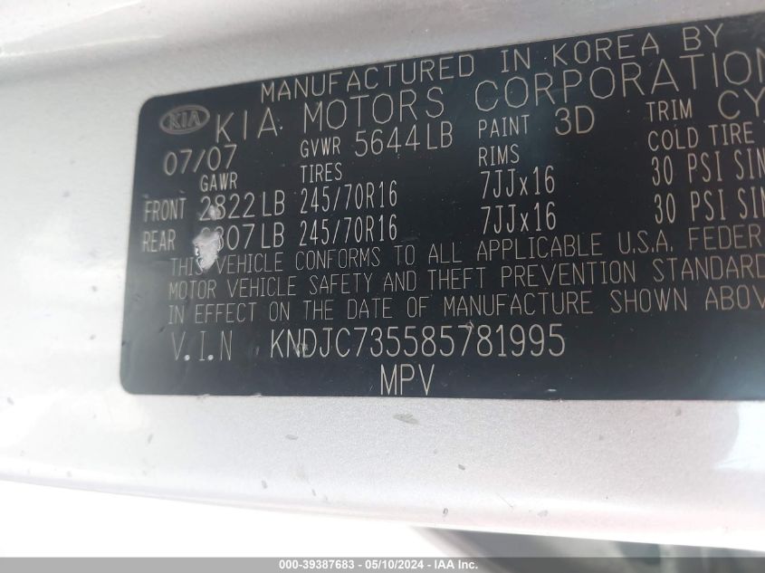 2008 Kia Sorento Lx VIN: KNDJC735585781995 Lot: 39387683