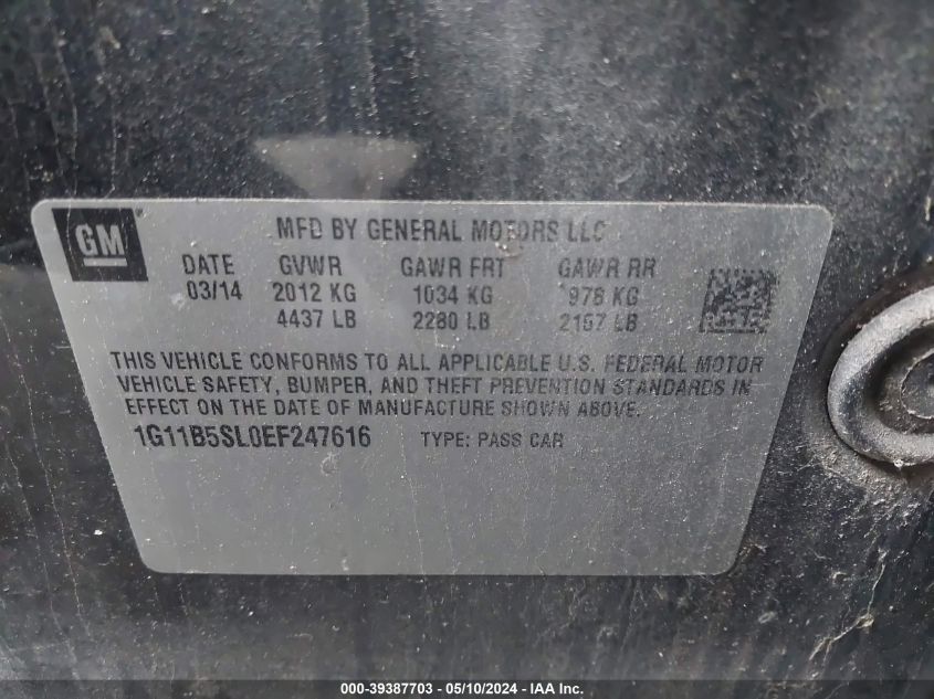 2014 Chevrolet Malibu 1Ls VIN: 1G11B5SL0EF247616 Lot: 39387703