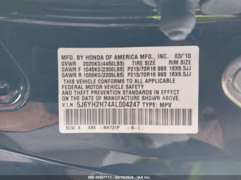 2010 Honda Element Ex VIN: 5J6YH2H74AL004247 Lot: 39387711