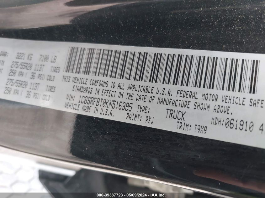 2019 Ram 1500 Big Horn/Lone Star Quad Cab 4X4 6'4 Box VIN: 1C6SRFBT0KN516395 Lot: 39387723