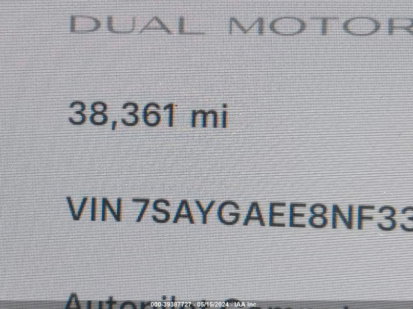 2022 Tesla Model Y Long Range Dual Motor All-Wheel Drive VIN: 7SAYGAEE8NF336595 Lot: 39387727