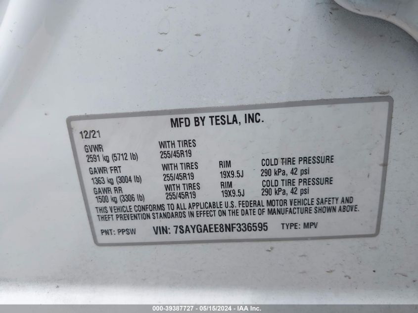 2022 Tesla Model Y Long Range Dual Motor All-Wheel Drive VIN: 7SAYGAEE8NF336595 Lot: 39387727