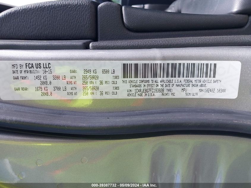 2015 Jeep Grand Cherokee Limited VIN: 1C4RJEBG7FC193928 Lot: 39387732