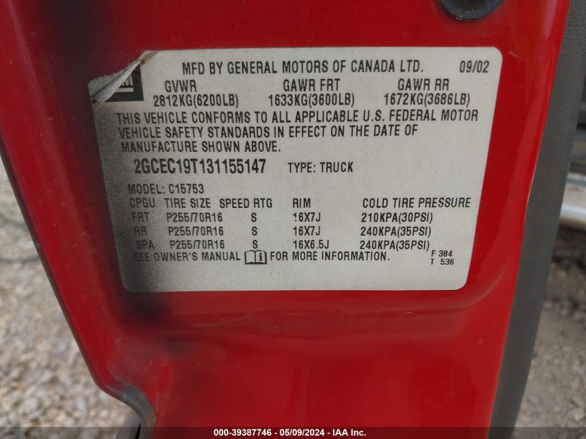 2003 Chevrolet Silverado 1500 Ls VIN: 2GCEC19T131155147 Lot: 39387746