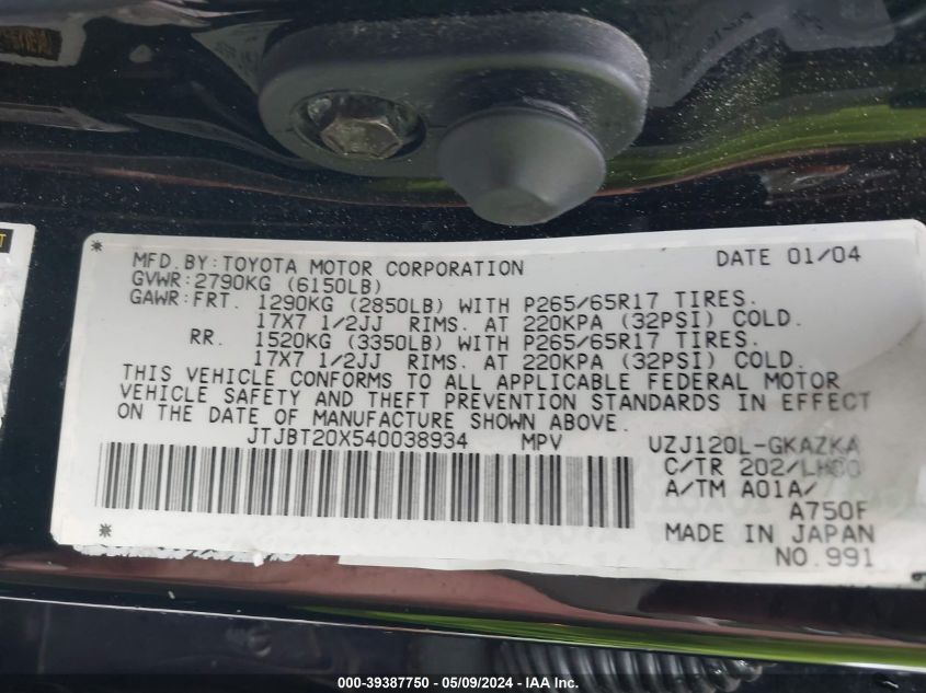 2004 Lexus Gx 470 VIN: JTJBT20X540038934 Lot: 39387750