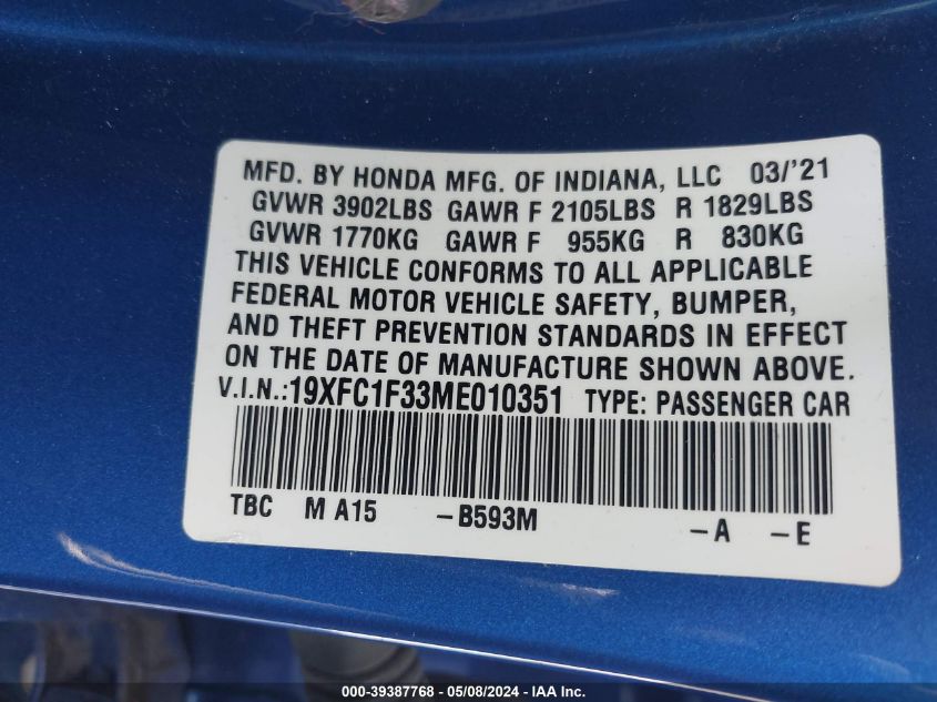 2021 Honda Civic Ex VIN: 19XFC1F33ME010351 Lot: 39387768