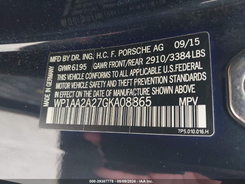 2016 PORSCHE CAYENNE - WP1AA2A27GKA08865