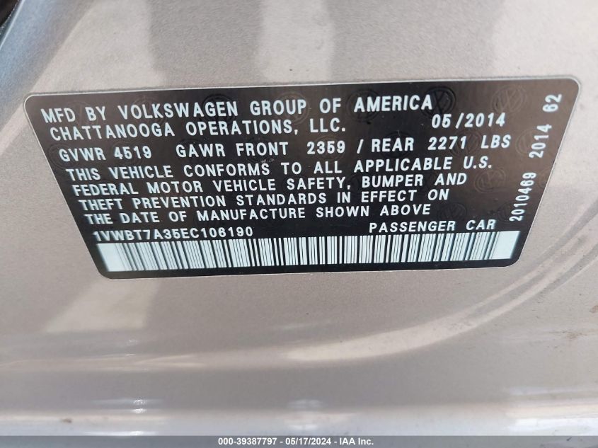 2014 Volkswagen Passat 1.8T Se VIN: 1VWBT7A35EC106190 Lot: 39387797