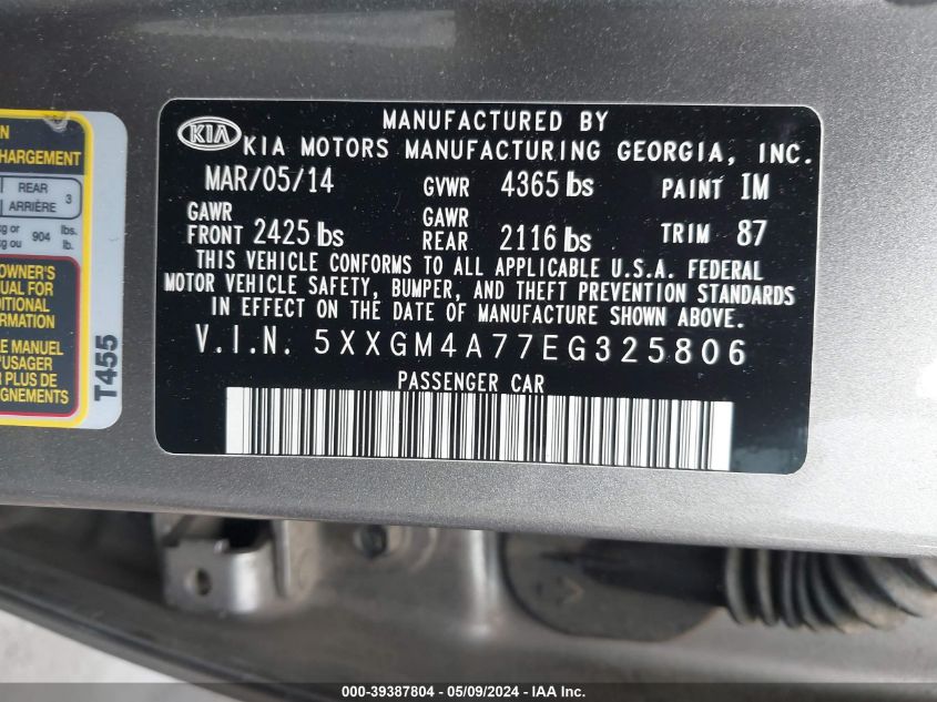 2014 Kia Optima Lx VIN: 5XXGM4A77EG325806 Lot: 39387804