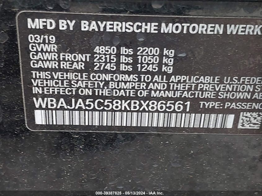 2019 BMW 530I I VIN: WBAJA5C58KBX86561 Lot: 39387825
