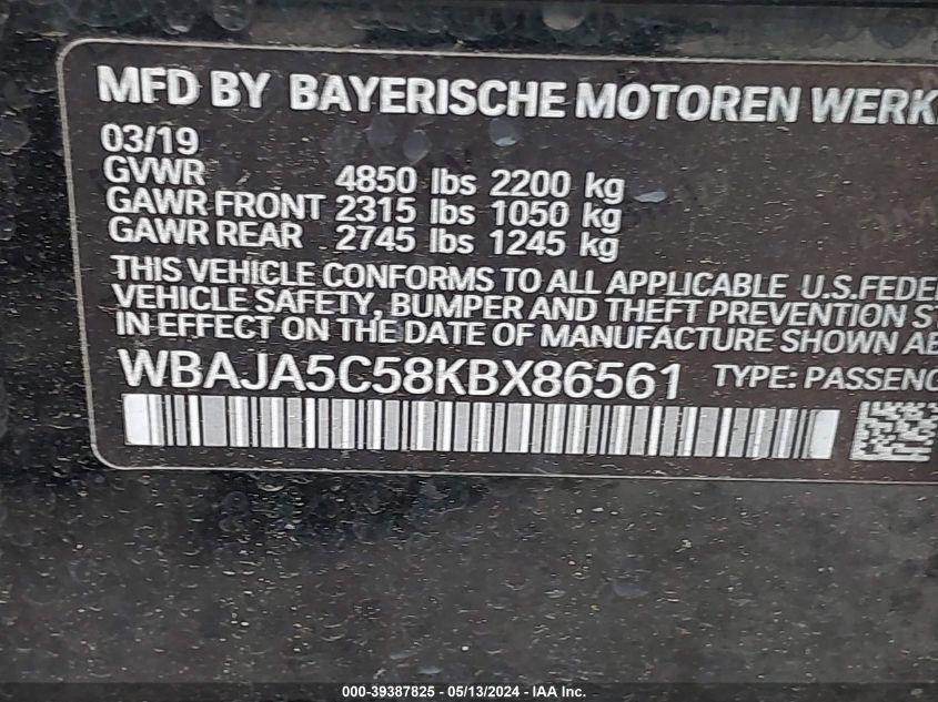 2019 BMW 530I VIN: WBAJA5C58KBX86561 Lot: 39387825