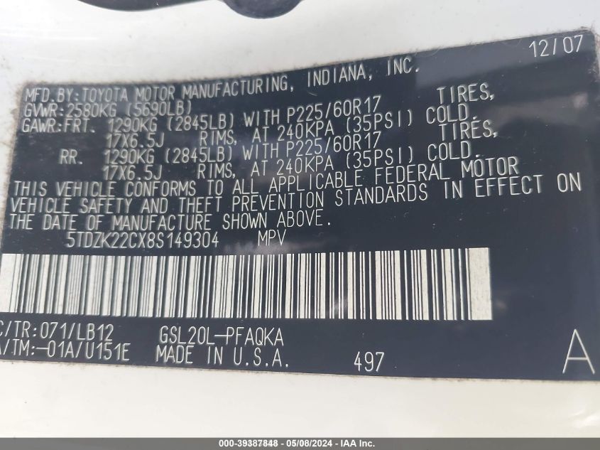 2008 Toyota Sienna Xle VIN: 5TDZK22CX8S149304 Lot: 39387848