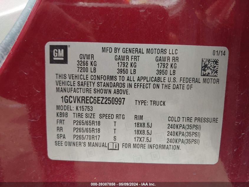 2014 Chevrolet Silverado 1500 2Lt VIN: 1GCVKREC6EZ250997 Lot: 39387858