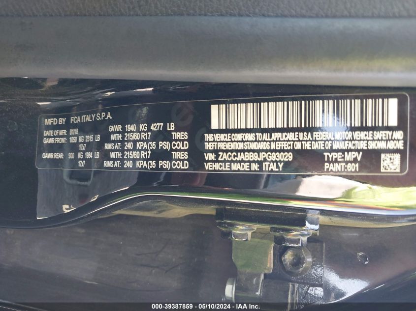 2018 Jeep Renegade Latitude Fwd VIN: ZACCJABB9JPG93029 Lot: 39387859