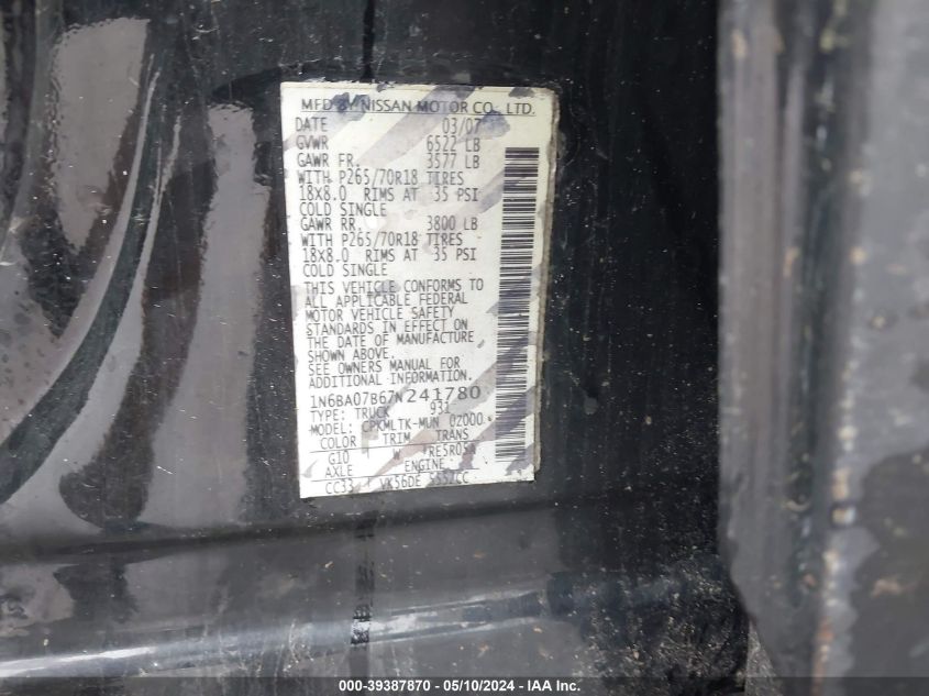 2007 Nissan Titan Se VIN: 1N6BA07B67N241780 Lot: 39387870