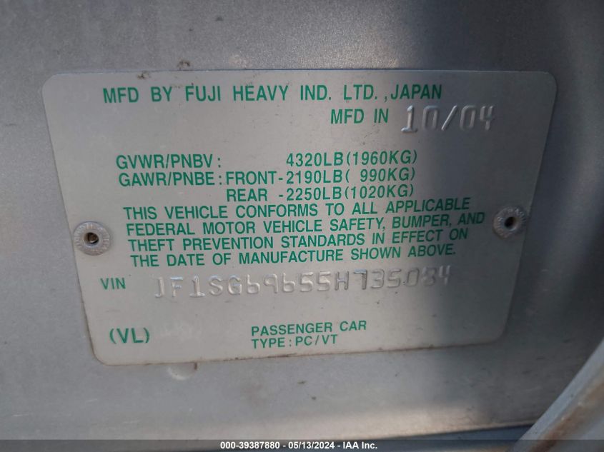 2005 Subaru Forester 2.5Xt VIN: JF1SG69655H735084 Lot: 39387880