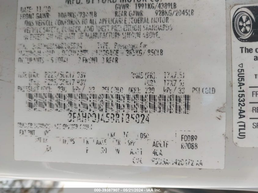 2011 Ford Fusion Sel VIN: 3FAHP0JA5BR185824 Lot: 39387907