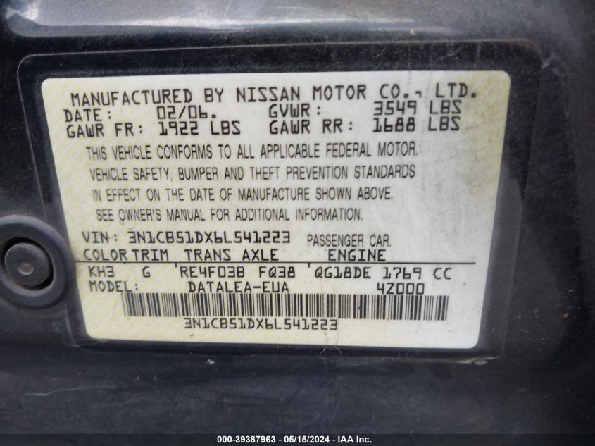 2006 Nissan Sentra 1.8S VIN: 3N1CB51DX6L541223 Lot: 39387963